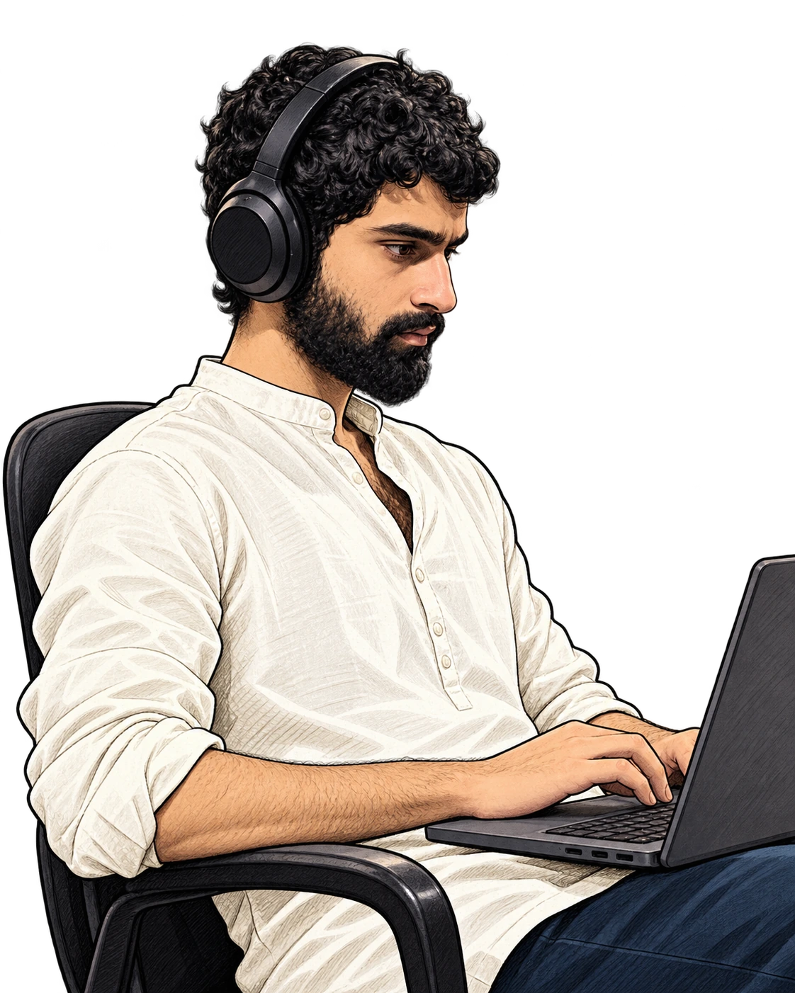Illustration of Bipul with curly hair, a beard, headphones and a white shirt, working on a laptop.